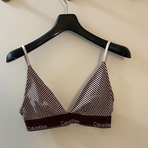 Calvin Klein Burgundy & White Striped Triangle Bralette with Logo Band